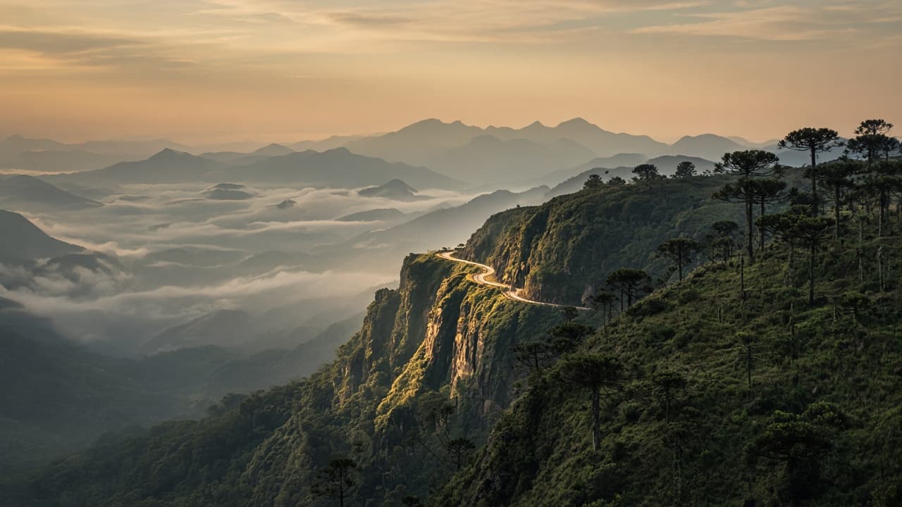 Serra catarinense ao amanhecer, com araucárias e uma estrada na encosta